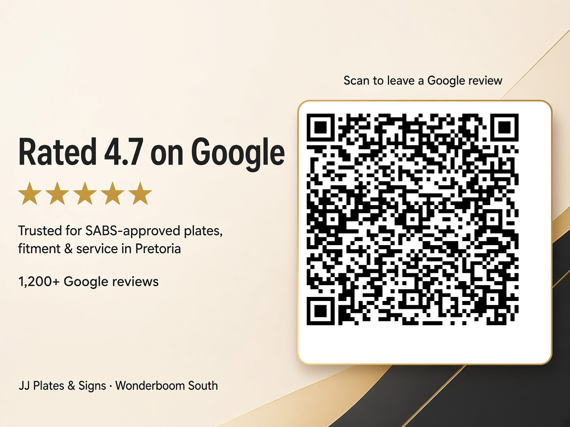 Rated 4.7 on Google — scan the QR code to leave JJ Plates and Signs a review