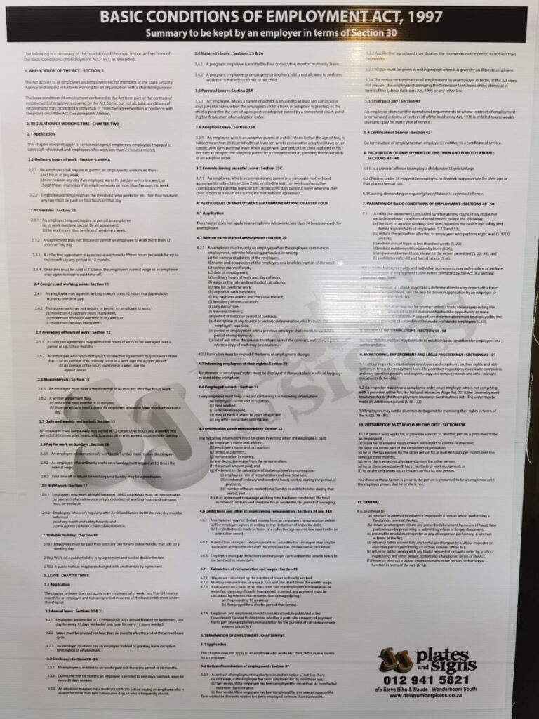 Basic Conditions of Employment Act Poster – JJ Plates and Signs